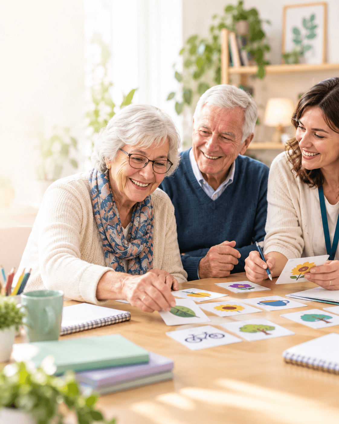 Personas mayores participando de una actividad grupal con tarjetas y ejercicios cognitivos.